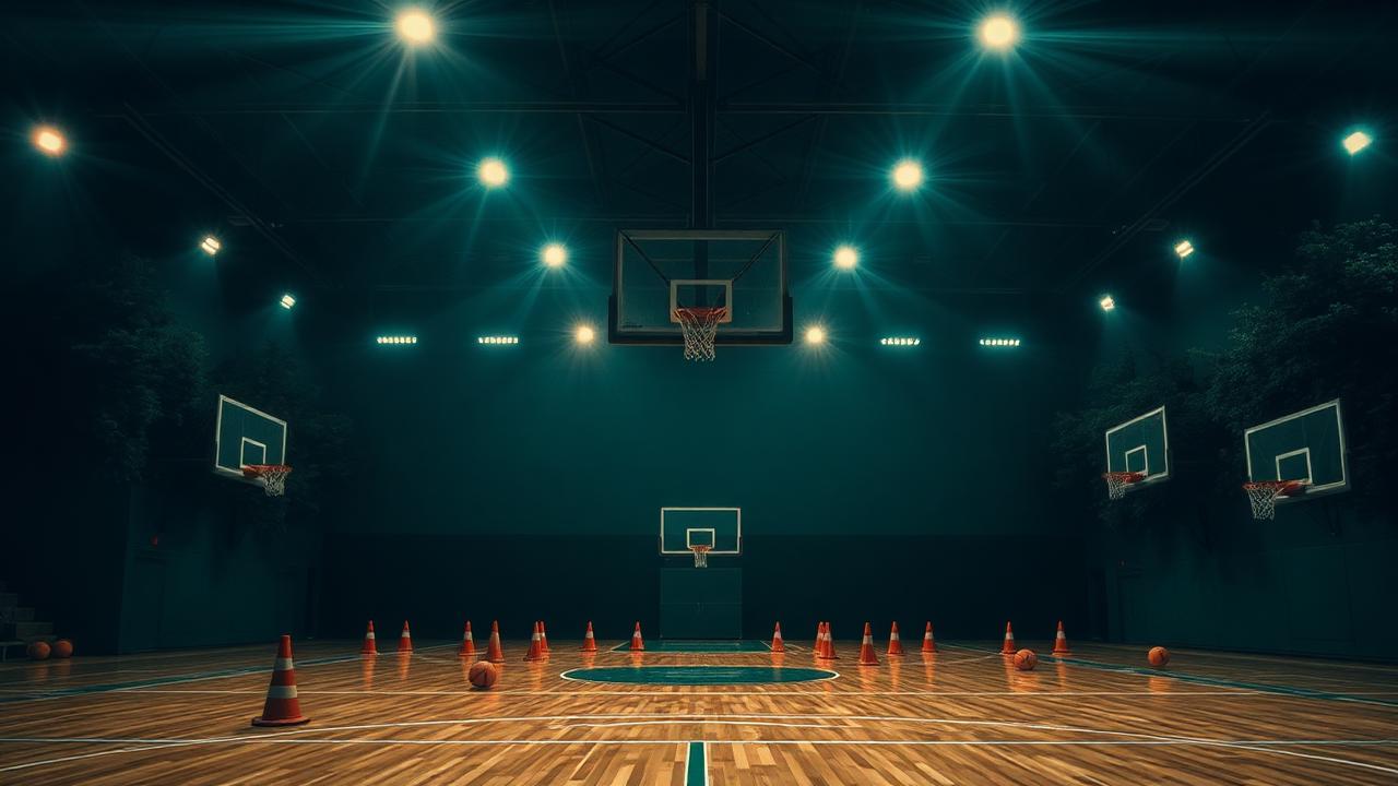 Empty gym set up with cones for a basketball camp